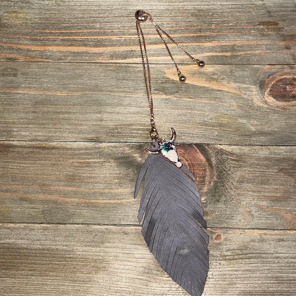 Delicate Western Gold Bracelet Grey Leather Dangle Feather & Cow Skull Charm